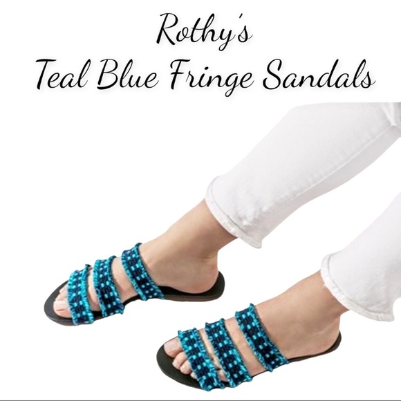 NWOT Rothy’s Teal Blue Fringe Triple Band Sandals - Picture 1 of 16